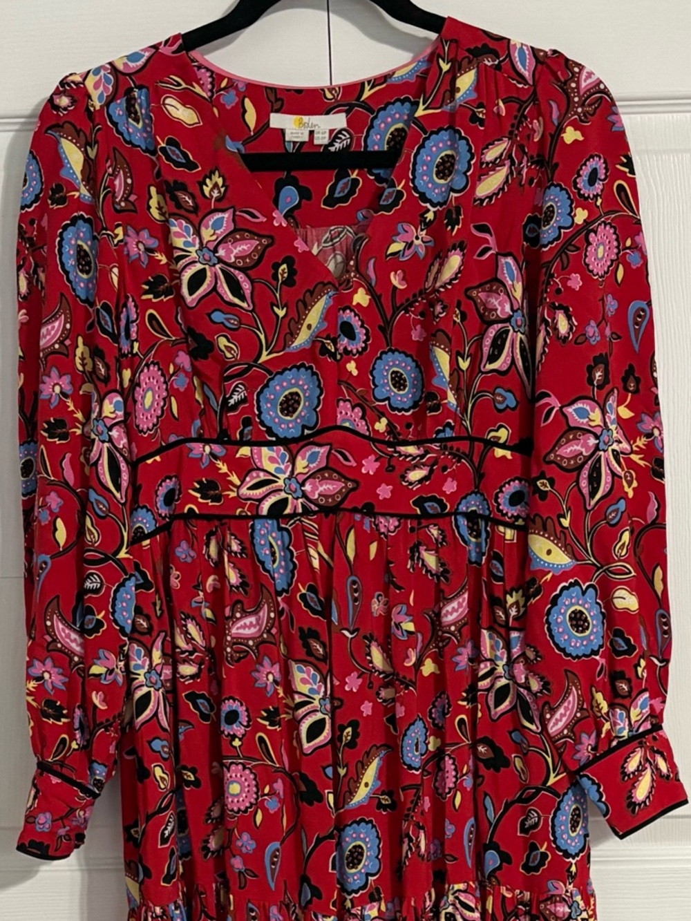 Boden Boho Red Floral Tiered Hem Long Sleeves Side Pockets Midi Dress Women’s 2P